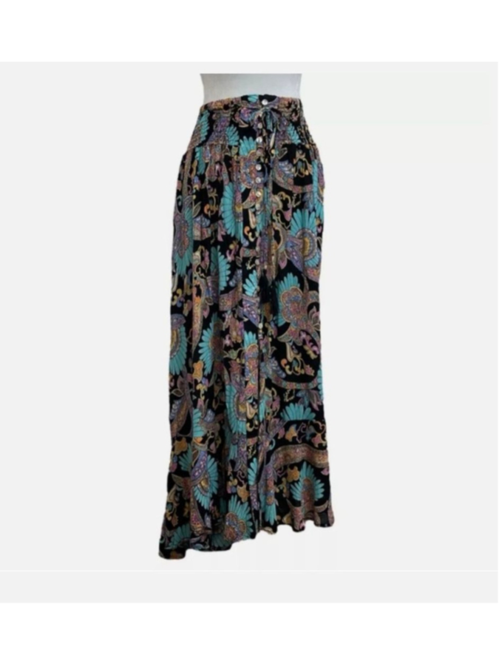 Haute Hippie Maxi Skirt M Black Turquoise Paisley boho Y2K beach flowy - Picture 2 of 9